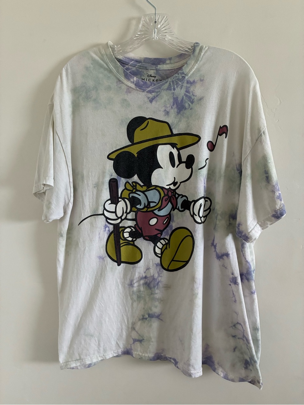 Disney Men's White Tie-Dye Mickey Mouse Graphic Tee with Yellow Hat